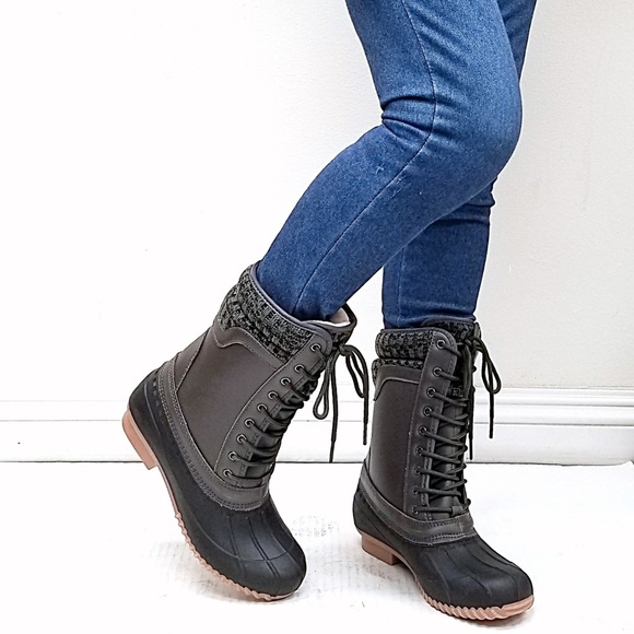 New Gray Sweater Lace Mid-Calf Snow Duck Boots - Picture 3 of 4